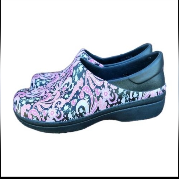 CROCS Shoes - CROCS Neria Pro II Clogs Pink Paisley Flower Floral Black Dual Work Uniform 8